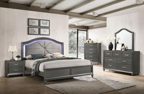 8318 Metallic Grey Queen Bedroom With Headboard LED Lights $1595