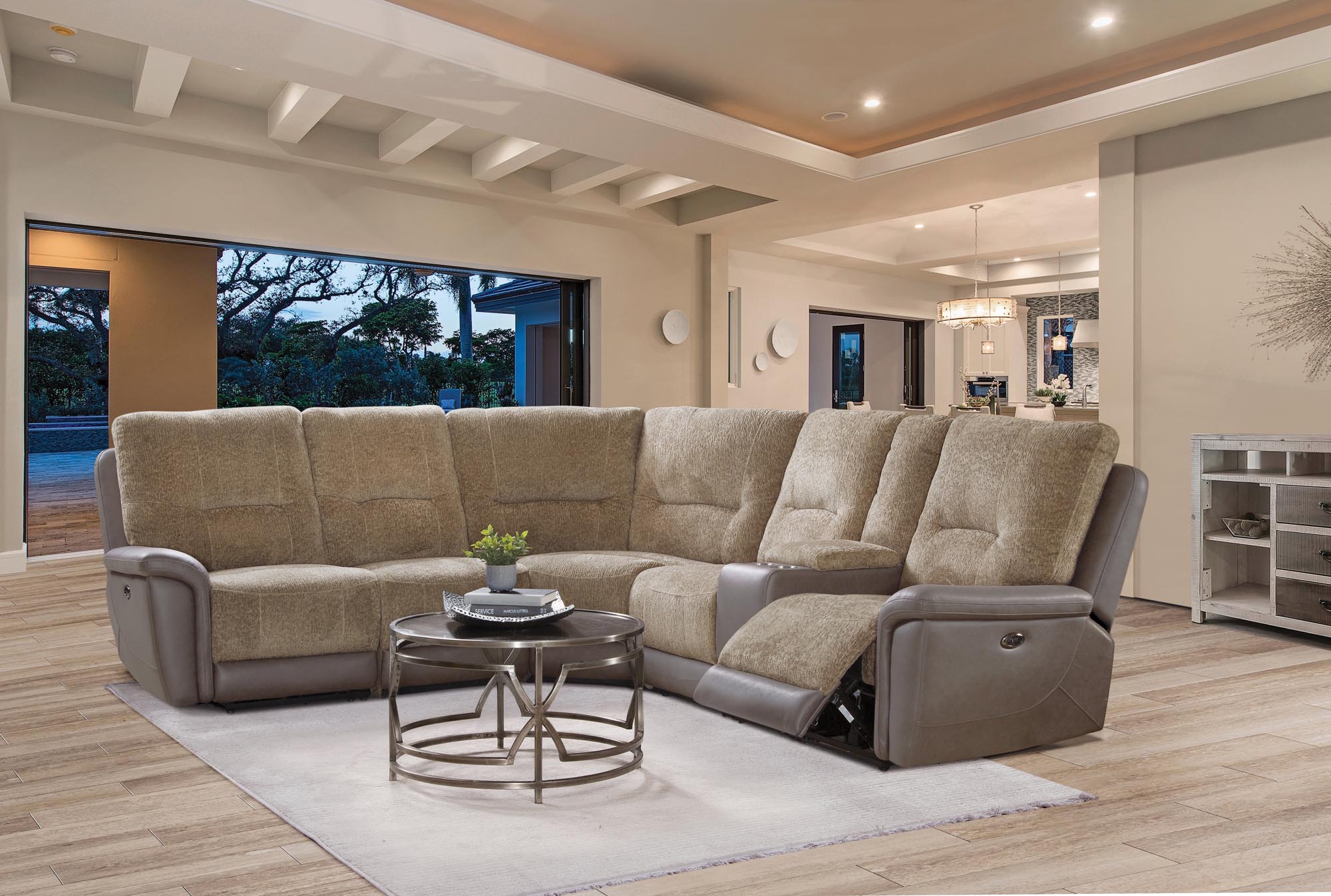 7617 2-Tone Brown Power Sectional With 3 Recliners $1895