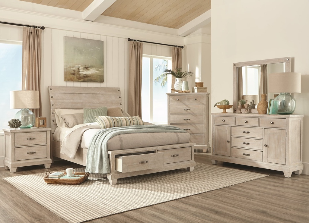 7131 White Queen Storage Bed, Dresser, Mirror, Chest and 1 Nightstand $2295