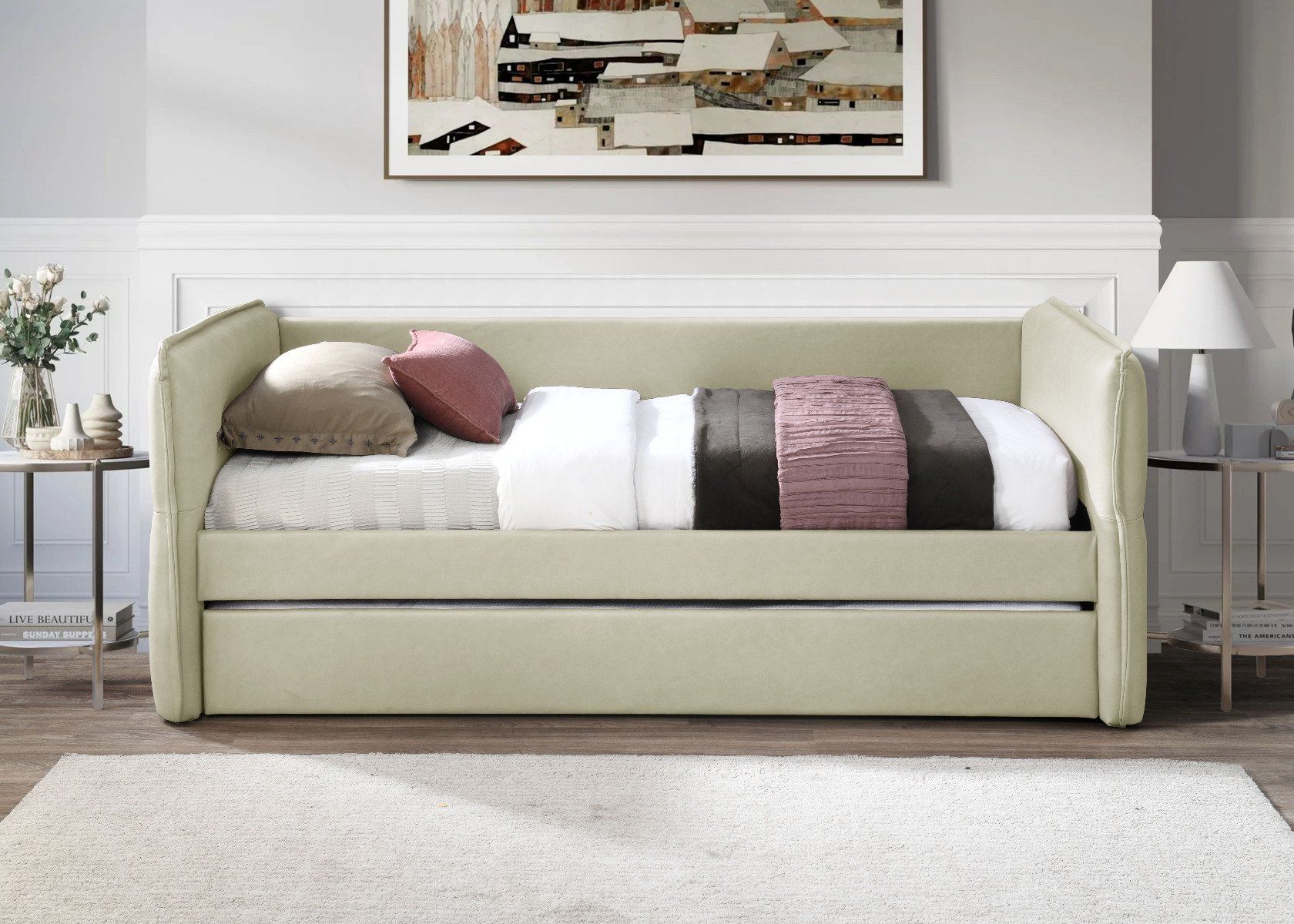 510 Trina Twin Uph Trundle Bed - Tan $335